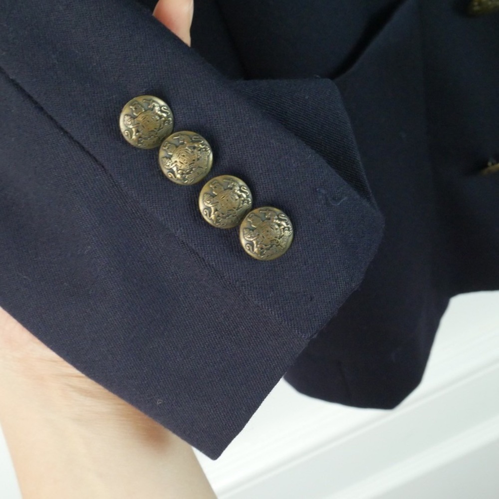 J Peterman Women's Double Breasted Blazer Navy Blue Gold Buttons 14 Wool Vintage - Picture 11 of 16